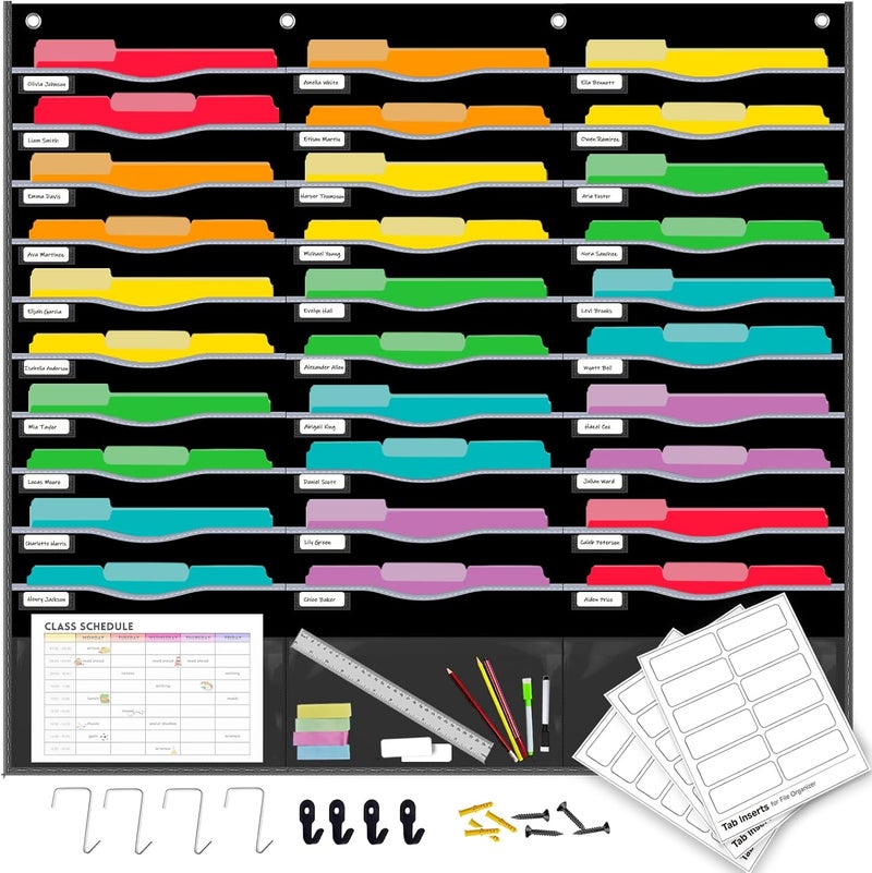 ALSLEA 33 Pockets Hanging Wall File Organizer for Legal/Letter Size Paper, Over the Door Organizer, 47½" x 45½" Pocket Chart for Classroom, Office, Warehouse, Home Use with 36 Name Tags & 8 Hooks - Image 1